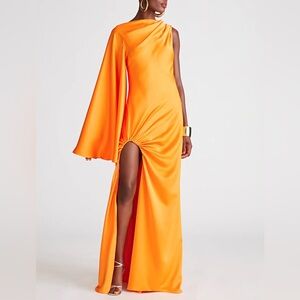 $595 NWOT Halston “Keiana” One-Shoulder Satin Maxi Dress in Tangerine Sz 4